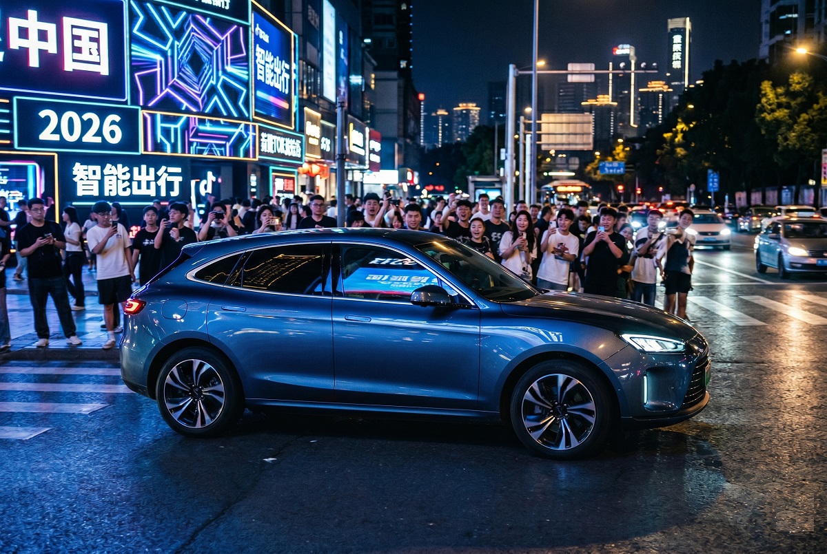 O “carro do TikTok”, fabricado pela Seres, será lançado este ano na China 6 SUV crossover azul metálico da Saidou em rua chinesa à noite, com multidão filmando e letreiros LED