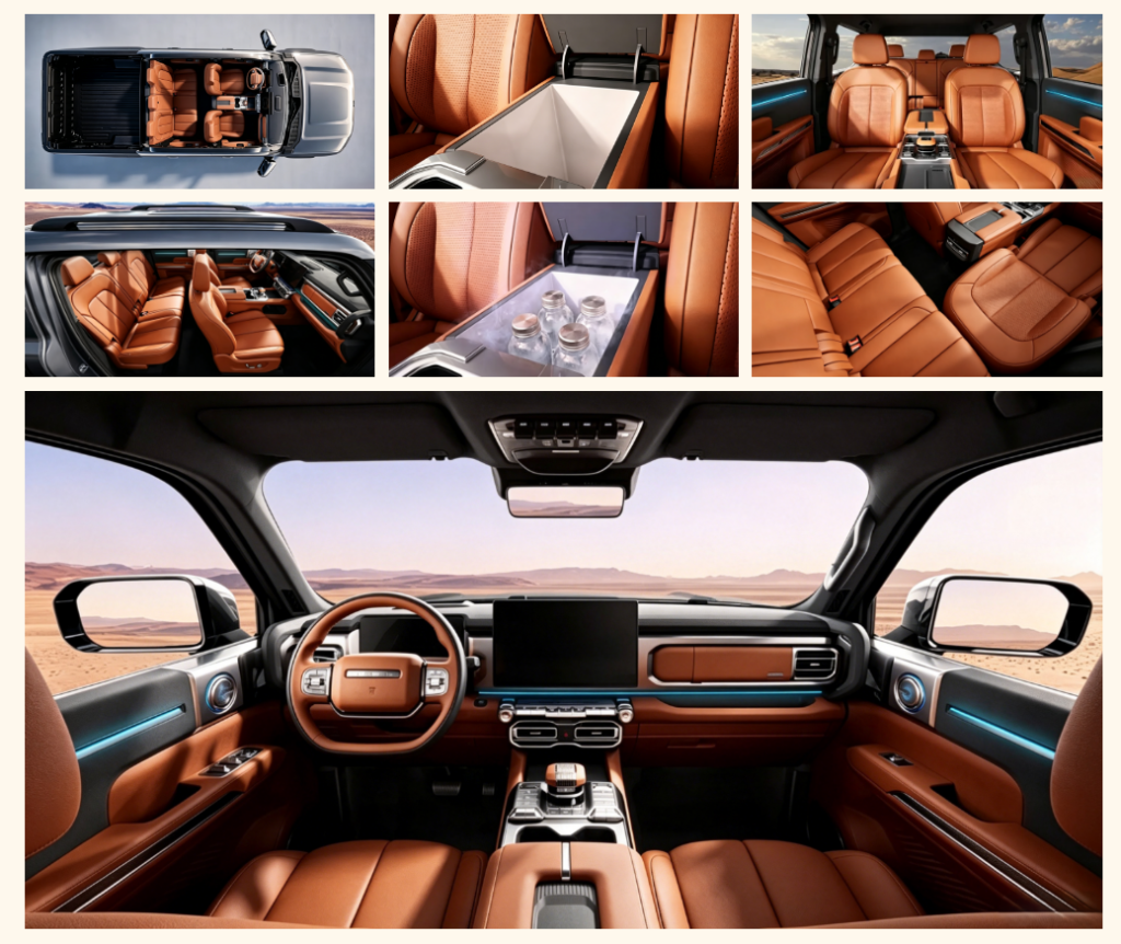 A picape híbrida plug-in a diesel Chery Rely P3X desafia a BYD Shark com 800 Nm 6 Colagem do interior da Chery Stockman exibindo cabine com bancos de couro caramelo, painel digital, volante multifuncional e geladeira embutida