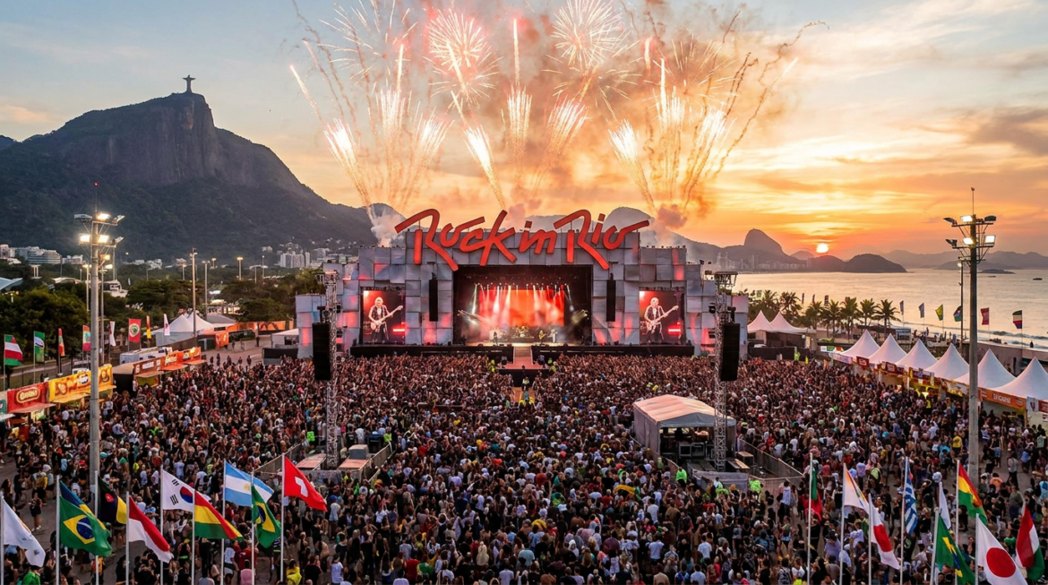 Show no Palco Mundo do Rock in Rio com multidão, fogos de artifício, Cristo Redentor e pôr do sol no Rio de Janeiro