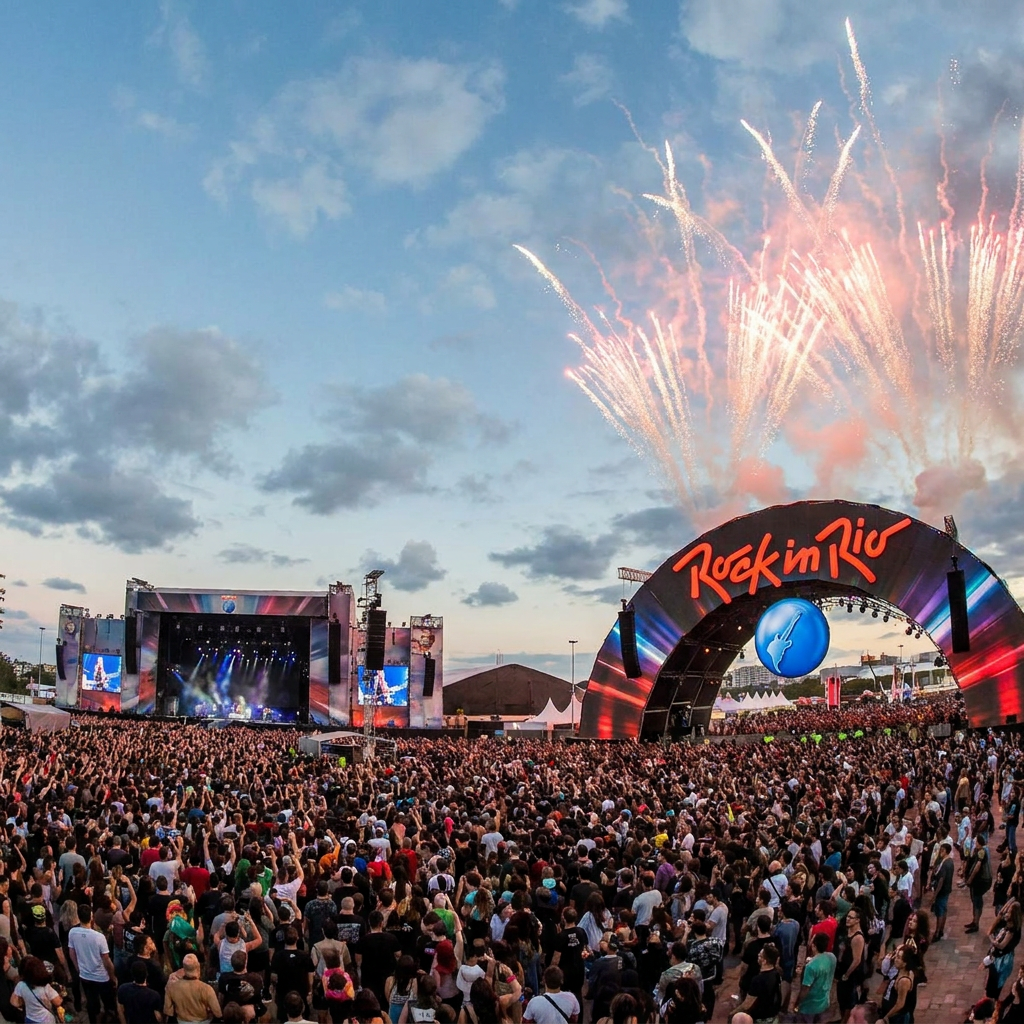 Rock in Rio 2026 libera ingressos por R$ 870: clientes Itaú pagam R$ 739,50 com 15% de desconto 6 Multidão na Cidade do Rock durante o Rock in Rio com fogos de artifício sobre o arco do festival