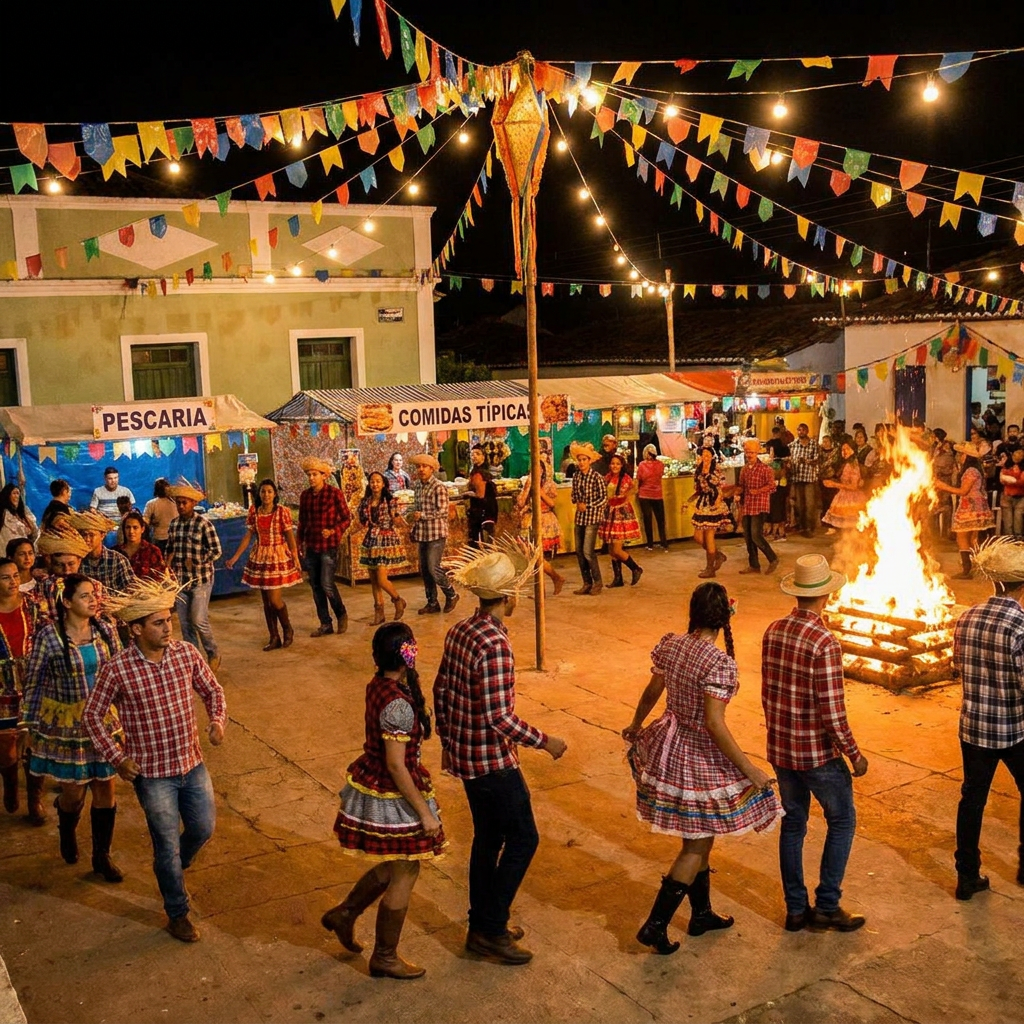 Quer saber se junho tem feriado? Veja as datas comemorativas do mês 6 Casais dançam quadrilha em círculo ao redor de fogueira iluminada com bandeirinhas coloridas e barracas típicas ao fundo