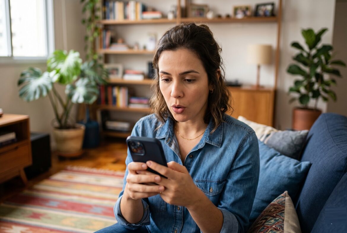 Mulher de camisa jeans olha smartphone com expressão de surpresa, sentada em sofá azul em sala decorada