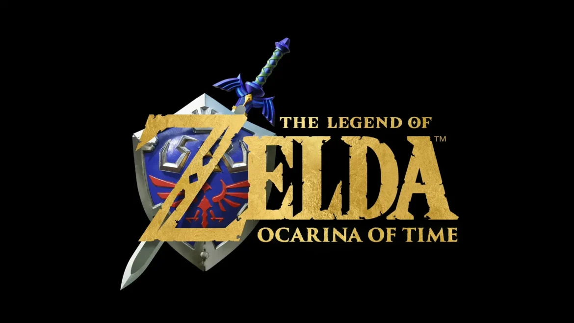 Logo dourado The Legend of Zelda Ocarina of Time com Master Sword roxa e Hylian Shield azul em fundo preto