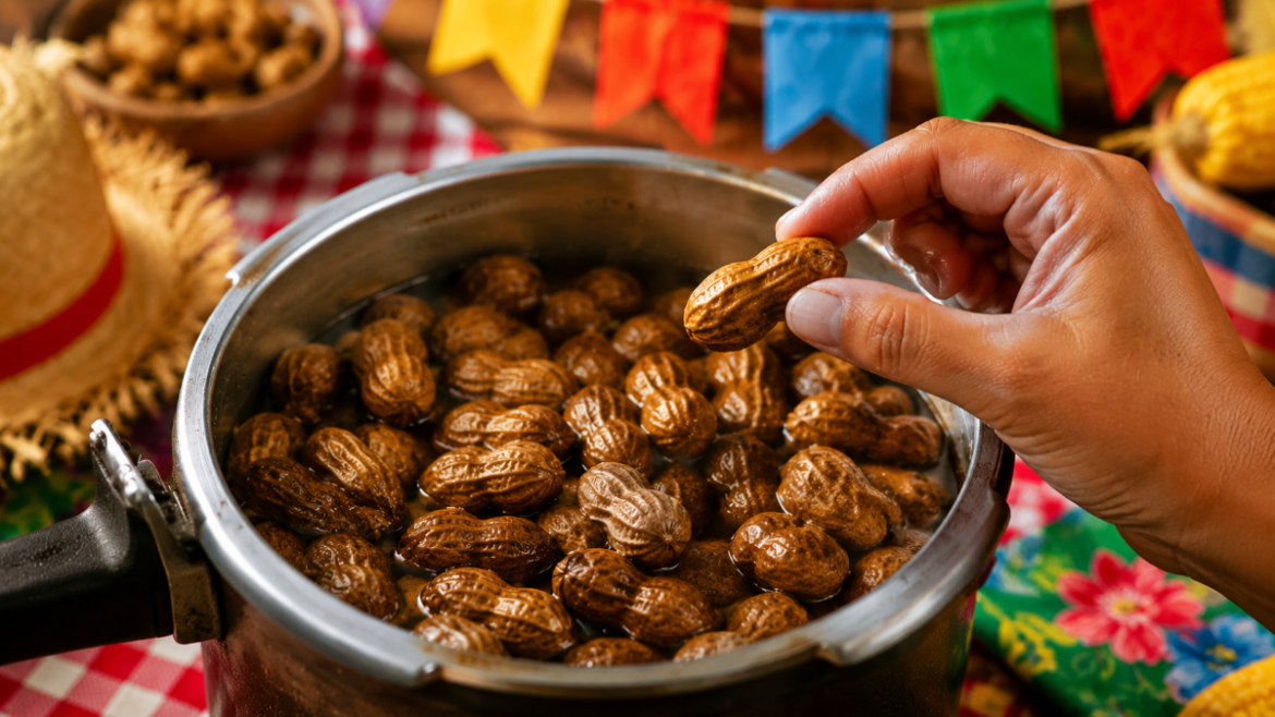 Mão retira amendoim com casca de panela de pressão em mesa de festa junina