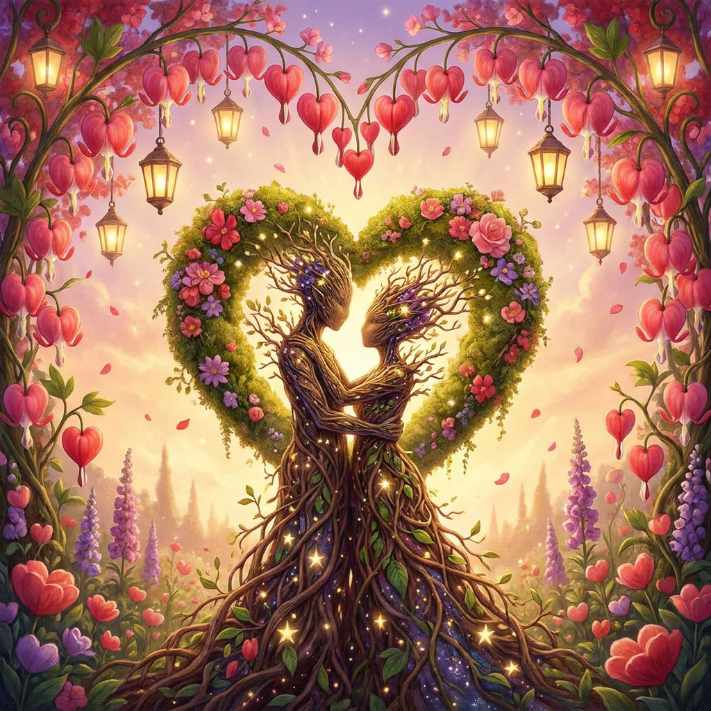 Amor e Astrologia: Como cada signo se comporta no Dia dos Namorados? 6 Dois seres de aparência arbórea abraçados sob arco de coração formado por flores e lanternas