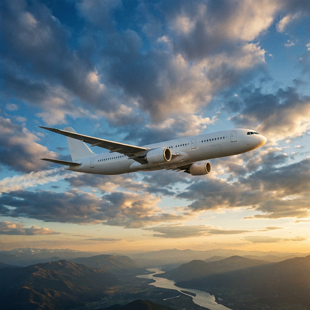 FAB confirma pane elétrica em Congonhas e suspende voos por 35 min: passageiros em Guarulhos e Viracopos enfrentam atrasos 6 Avião branco bimotor voa sobre paisagem montanhosa com rio ao fundo, céu com nuvens alaranjadas ao entardecer