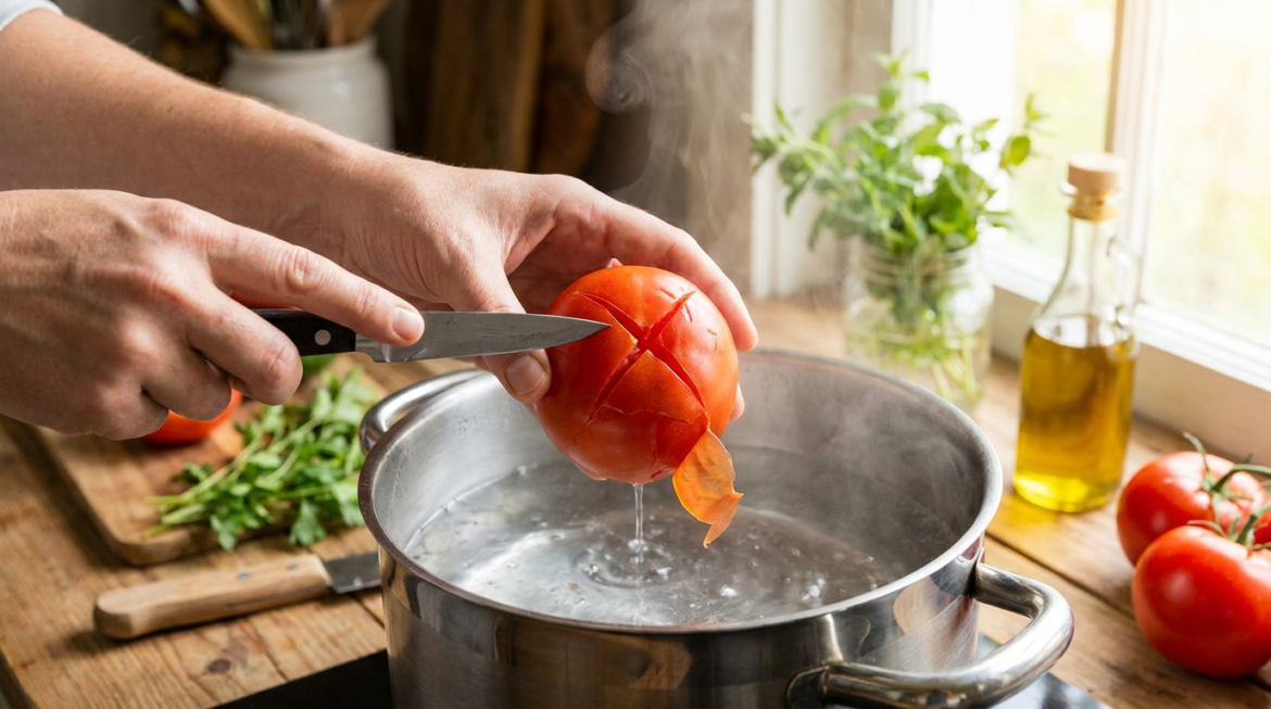 Mãos removendo pele de tomate escaldado com corte em X sobre panela com água fervente e vapor