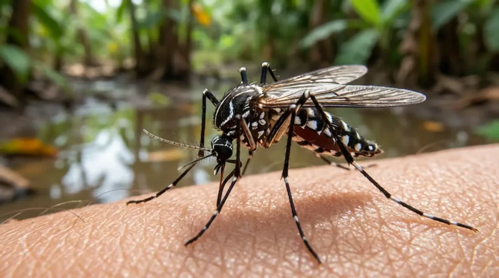 Tomou vacina do Butantan contra dengue? Ministério orienta observar saúde por 21 dias e buscar pronto-socorro se houver sintomas 6 Mosquito transmissor da dengue sobre a pele, com área de água parada ao fundo.