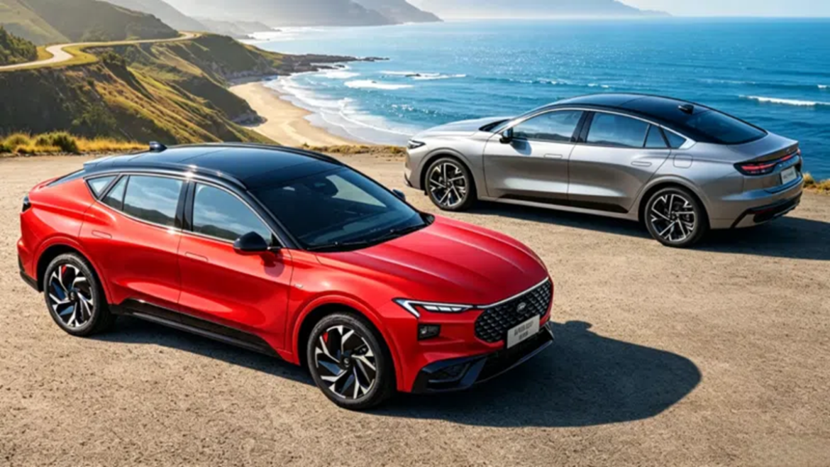Ford Mondeo Sport 2026 vermelho e prata estacionados em cenário costeiro com montanhas verdes e oceano ao fundo