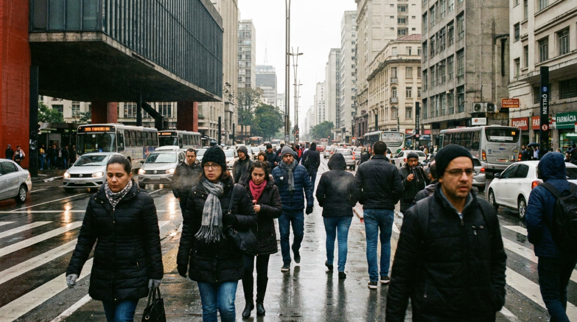 Pedestres agasalhados atravessam faixa na Avenida Paulista, São Paulo, em dia frio e chuvoso com ônibus ao fundo