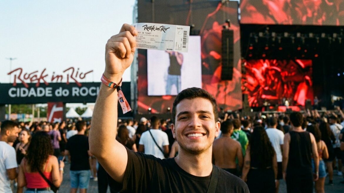 Fã sorridente exibe ingresso do Rock in Rio na Cidade do Rock, em referência à venda geral de 2026
