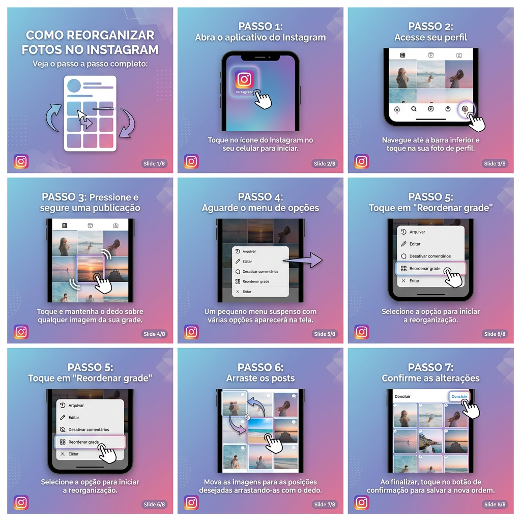 Instagram libera função que permite mover fotos antigas para o topo do perfil 6 Infográfico mostra tutorial detalhado para reorganizar fotos no Instagram, com setas, botões e interface do app