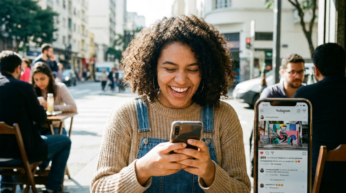 Jovem negra de cabelo cacheado e macacão jeans ri enquanto usa smartphone em terraço de café urbano