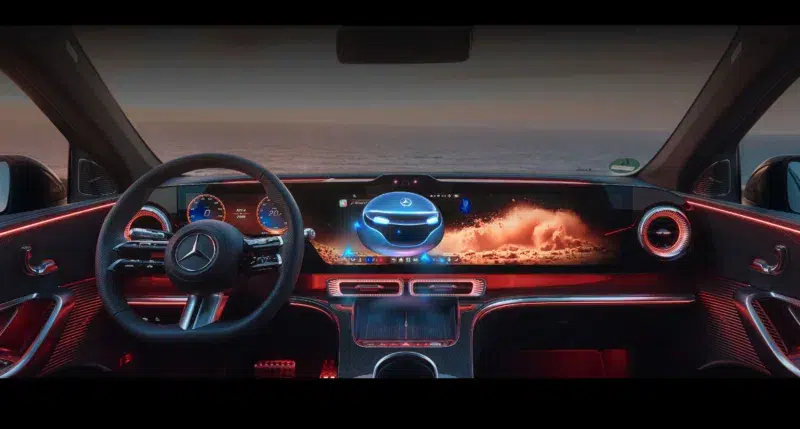 Novo Mercedes-Benz GLC EV começa pré-venda na China; veja valores iniciais 7 Interior de Mercedes-Benz GLC elétrico com tela MBUX Hyperscreen iluminada e assistente virtual ao centro
