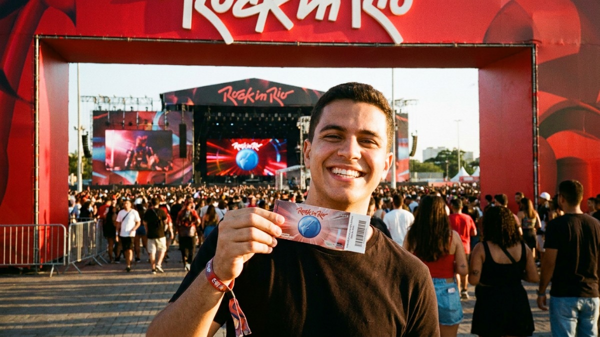 Rock in Rio: venda geral de ingressos começa nesta segunda (08); veja como garantir o seu 6 Fã sorridente mostra ingresso na entrada da Cidade do Rock, em referência à venda geral do Rock in Rio 2026