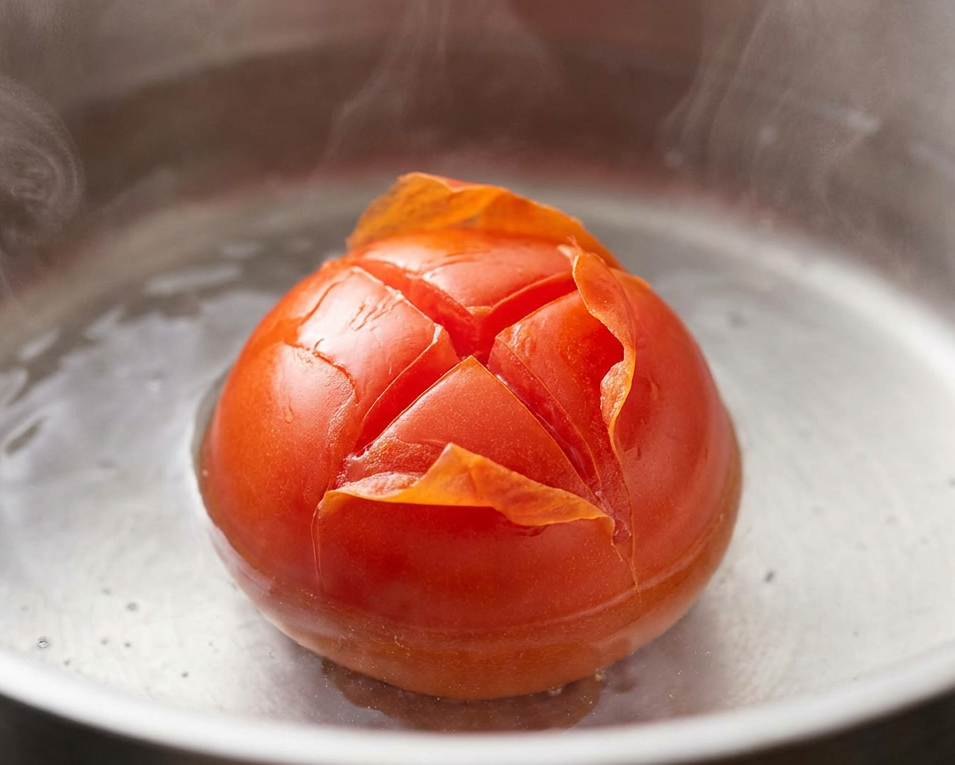 Faça um "X" no tomate antes de cozinhar e veja a mágica acontecer em segundos 6 Tomate vermelho maduro em panela com água quente, casca se soltando a partir de corte em formato de X no topo