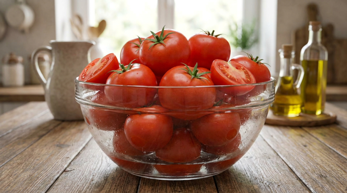 Tomates vermelhos inteiros e cortados em tigela de vidro transparente, com garrafas de azeite e jarra ao fundo