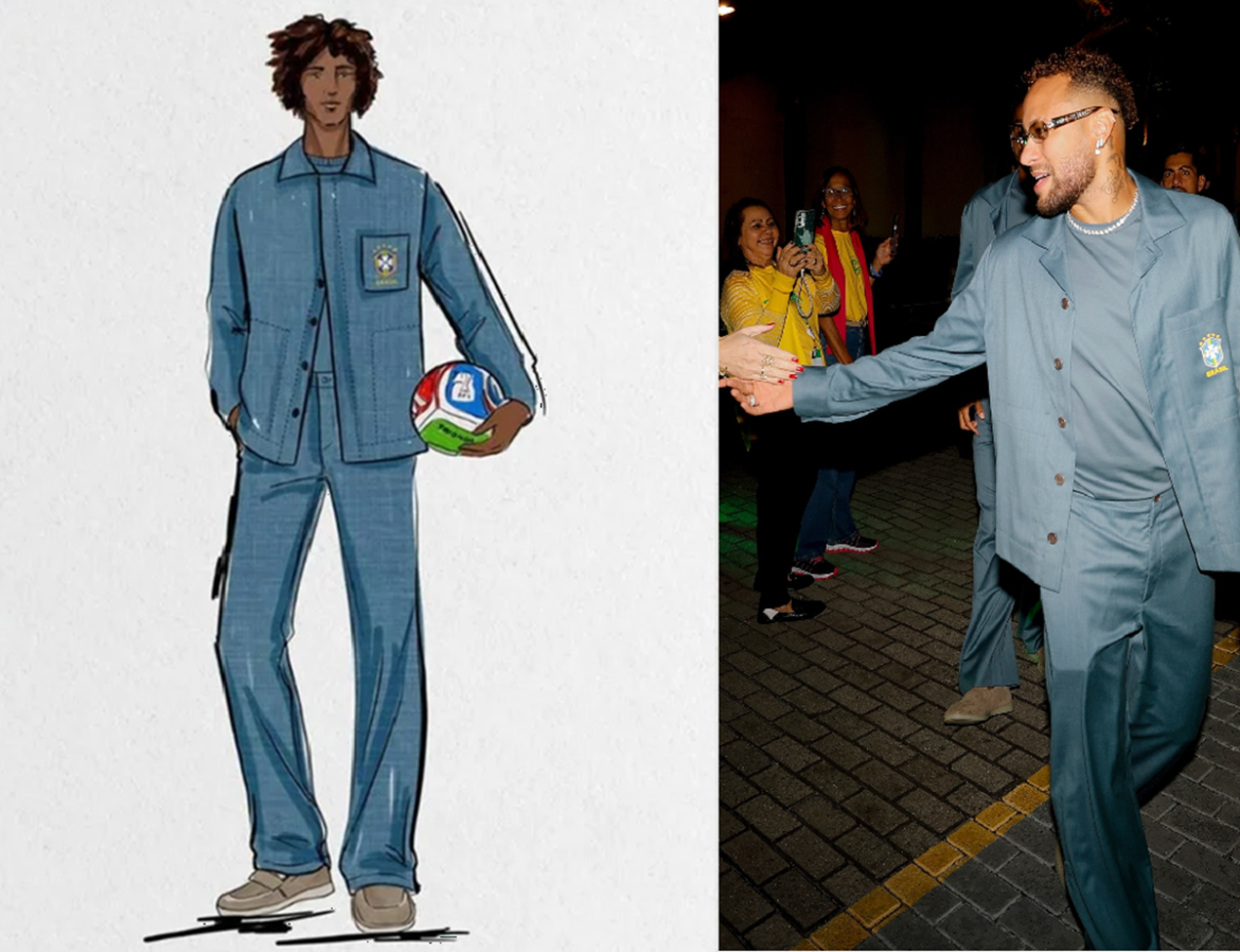 Croqui e foto de jogador da Seleção Brasileira usando uniforme de viagem azul-petróleo com escudo da CBF