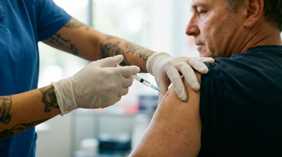 rofissional aplica vacina contra dengue no braço de um homem em unidade de saúde.