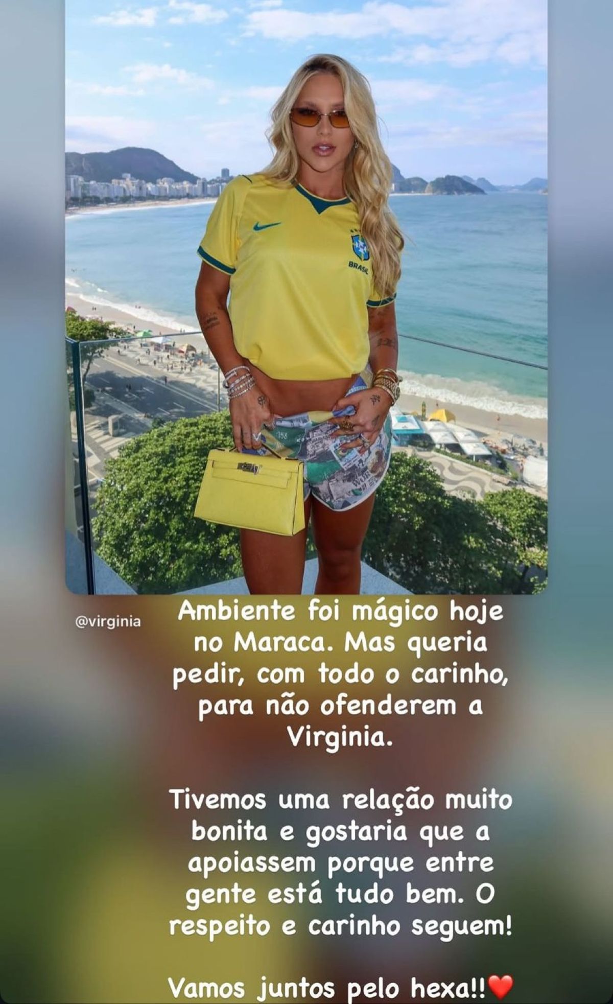 Vini Jr. defende Virginia após xingamentos no Maracanã; veja declaração do jogador 6 Print de story do Instagram com foto de mulher loira de camisa amarela e texto de apoio