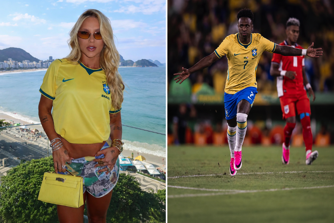 Montagem com mulher loira de camisa amarela do Brasil e jogador comemorando gol em campo