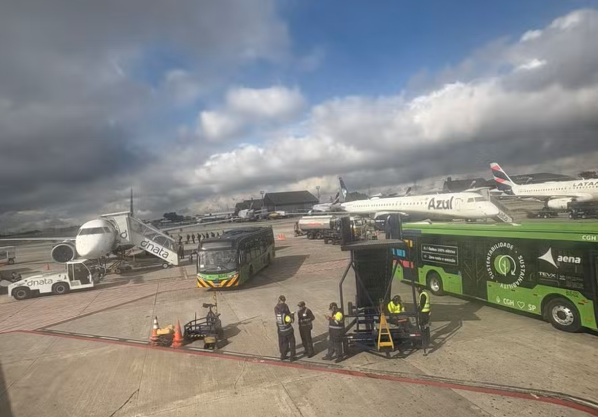 Pátio do Aeroporto de Congonhas com aviões Azul e LATAM, ônibus verdes Aena e funcionários com coletes