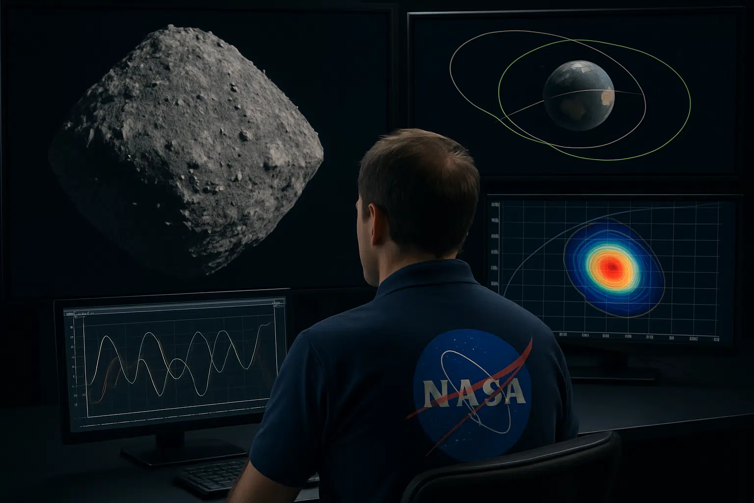 Asteroide Bennu entra no radar da NASA: energia de 22 bombas nucleares e impacto possível em 2182 6 Homem de costas com camisa da NASA observa monitores com asteroide, gráficos científicos e órbita terrestre