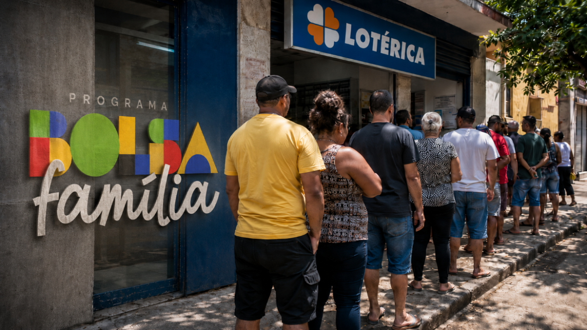 Pessoas em fila na lotérica para receber Bolsa Família, fachada com letreiro colorido do programa
