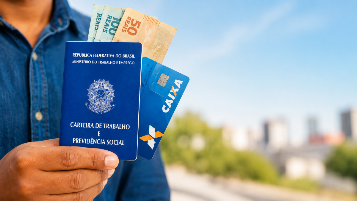 Caixa e Banco do Brasil liberam R$ 5,4 bilhões em abono salarial nesta quarta (15) 6 Pessoa segura Carteira de Trabalho, cartão Caixa e notas de 50 e 100 reais