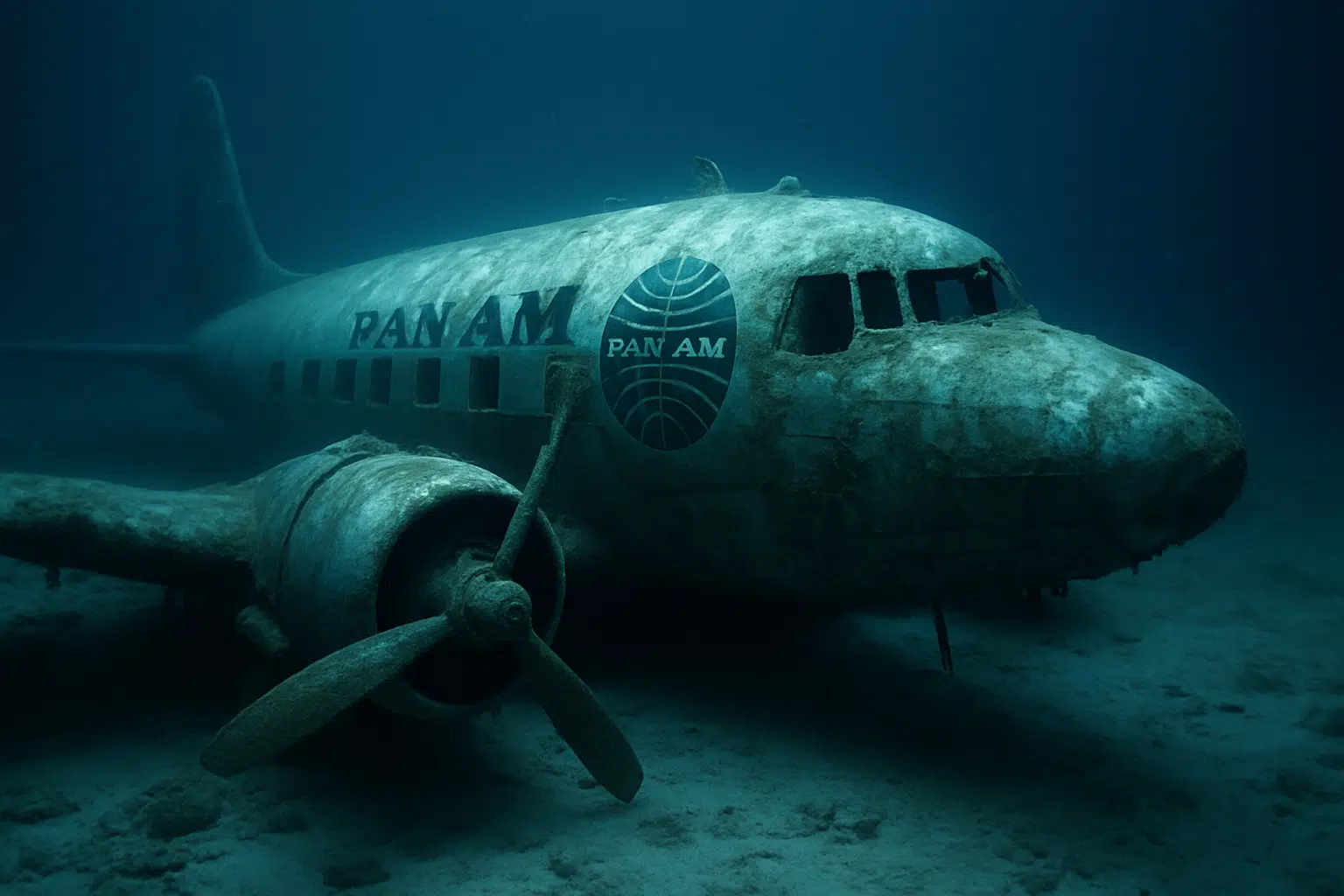 Avião da Pan Am que caiu há 74 anos é encontrado no fundo do Atlântico, na costa de Porto Rico 6 Avião antigo da Pan Am submerso no fundo do mar, fuselagem coberta de algas, hélice visível