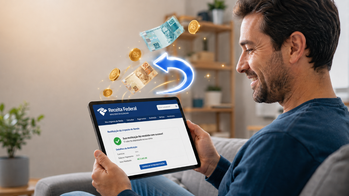 Restituição do IR 2026: quem recebe o lote especial de 15 de julho 6 Homem sorridente consulta restituição do Imposto de Renda no tablet com efeito de dinheiro brasileiro flutuando