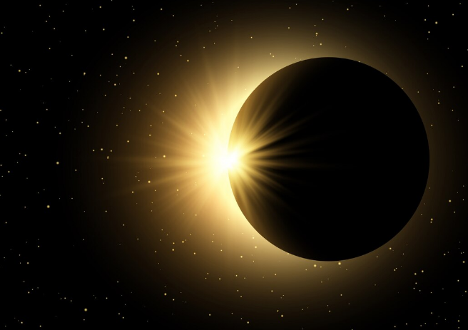 Eclipse solar total de agosto transforma o dia em noite por até 2 minutos; veja onde isso acontecerá 6 Sol parcialmente encoberto pela Lua durante eclipse, com coroa de luz dourada e estrelas ao fundo