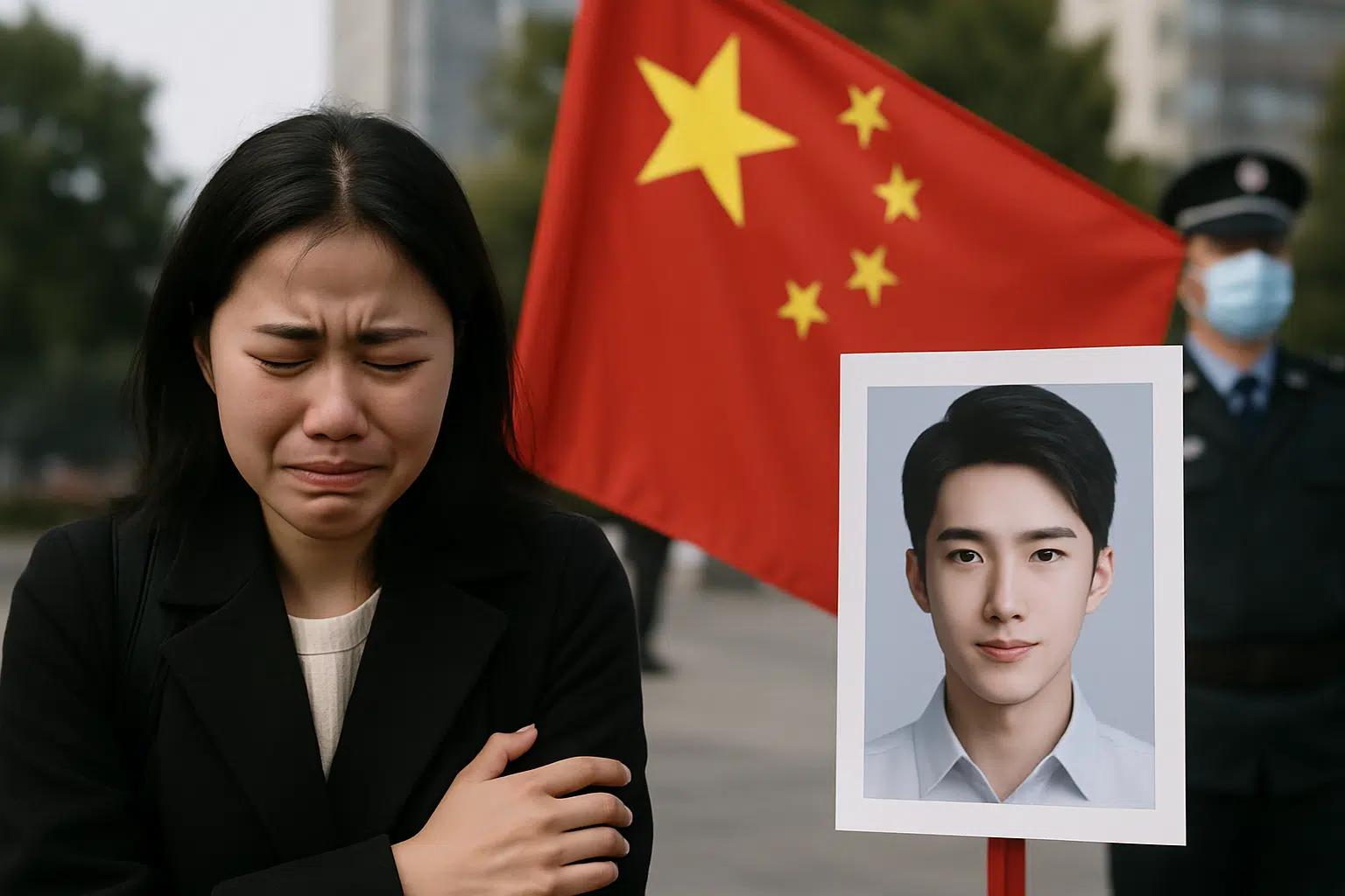 China proíbe namorados criados por IA e usuários lamentam nas redes: setor movimentava R$ 3 bilhões 6 Mulher chora de olhos fechados perto de foto de homem jovem com bandeira da China ao fundo